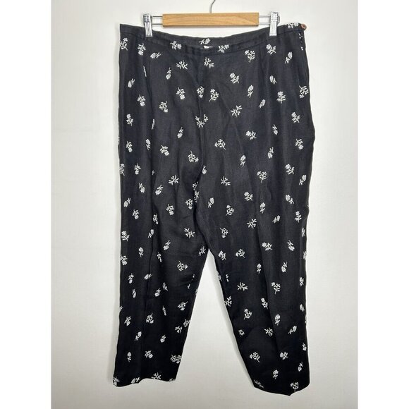 Talbots 100% Irish Linen Black Floral Embroidered Lagenlook Capri Pants Size 18 - Picture 1 of 10